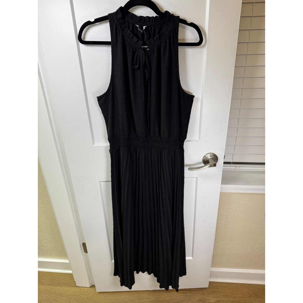 PrettyGarden Black Swiss Dot Pleated Midi Dress XL Smocked Waist Halter Neck